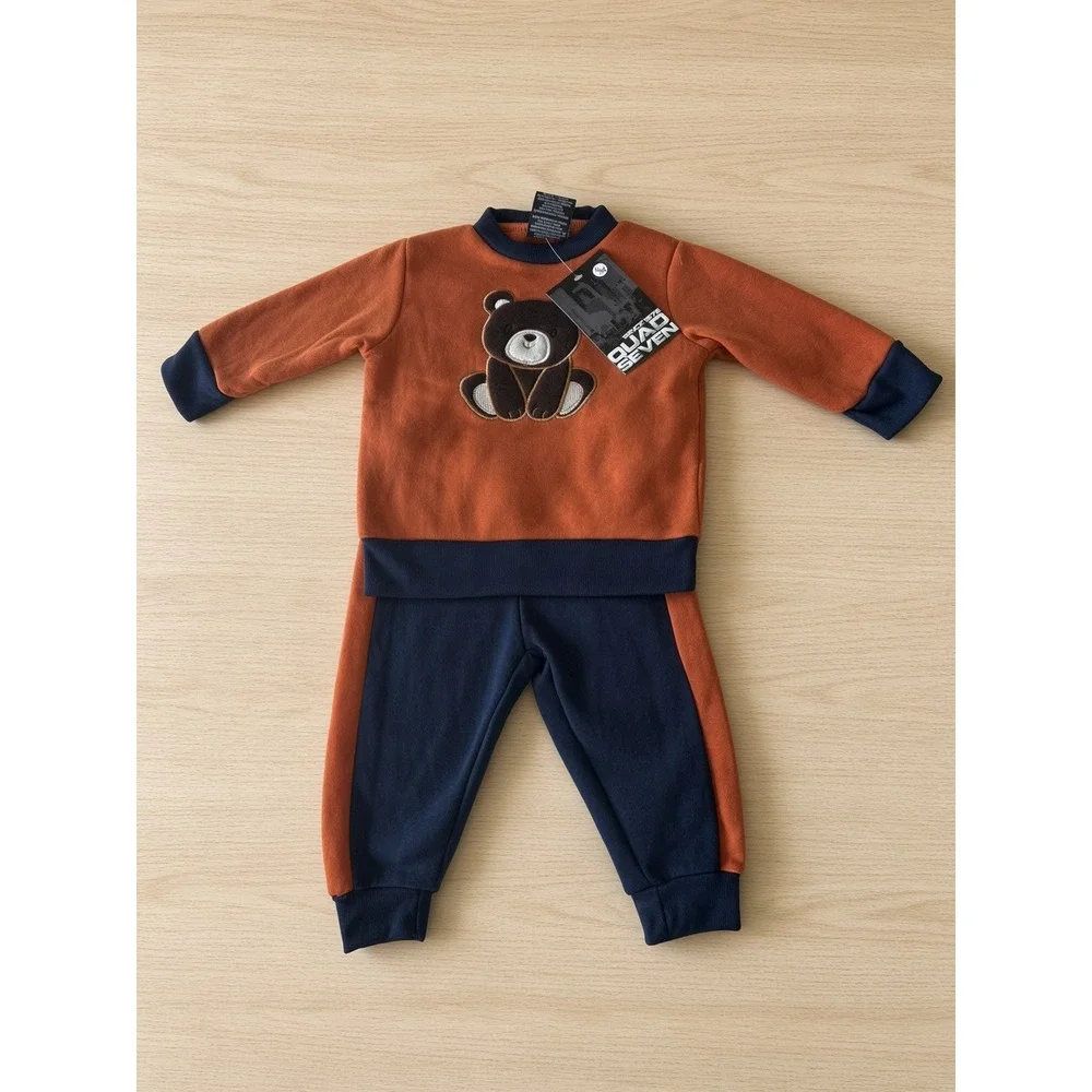 Quad Seven Baby Boys Bear Fleece Sweatshirt and Joggers Set Orange Navy 6/9M